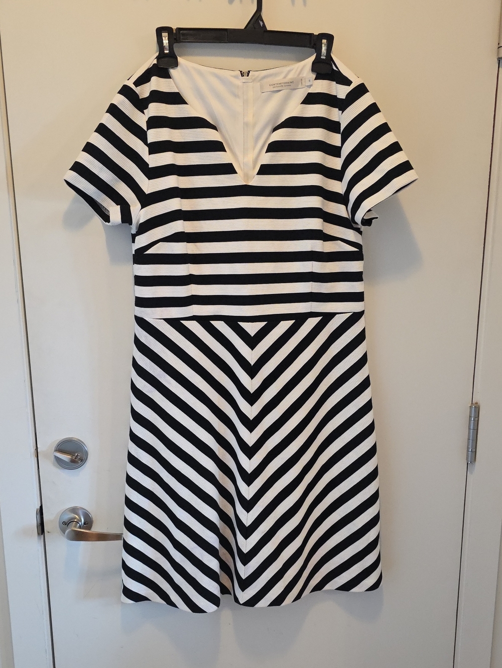 Simons Black & White Striped V-Notch Fit-and-Flare Mini Dress